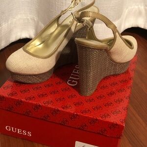 Guess Cream and Gold Wedge Sandals with Ankle Strap